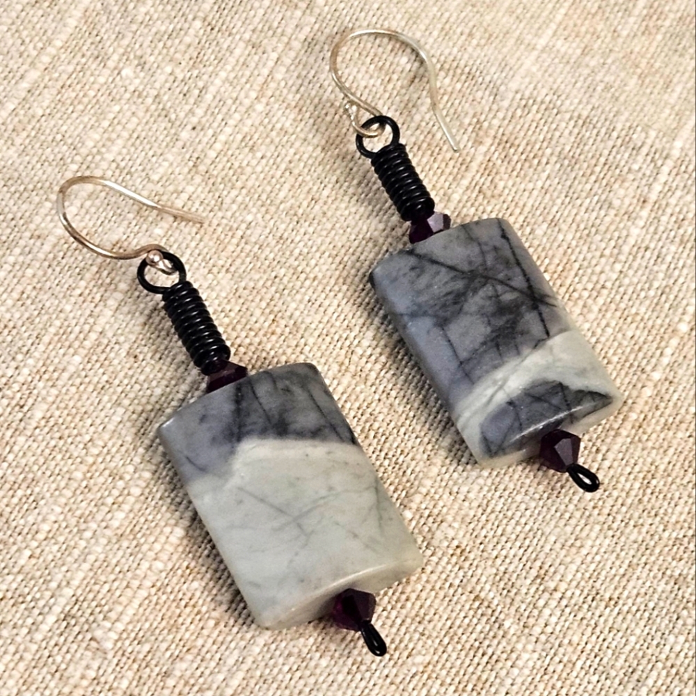 Gray and Black And Garnet Stone Earrings